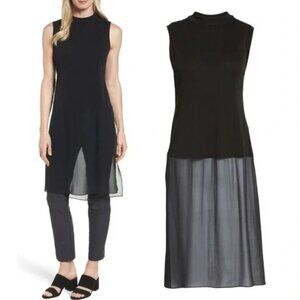 Eileen Fisher 100% Silk Sleeveless Mock-Neck Top Jersey Tunic Black Size SP